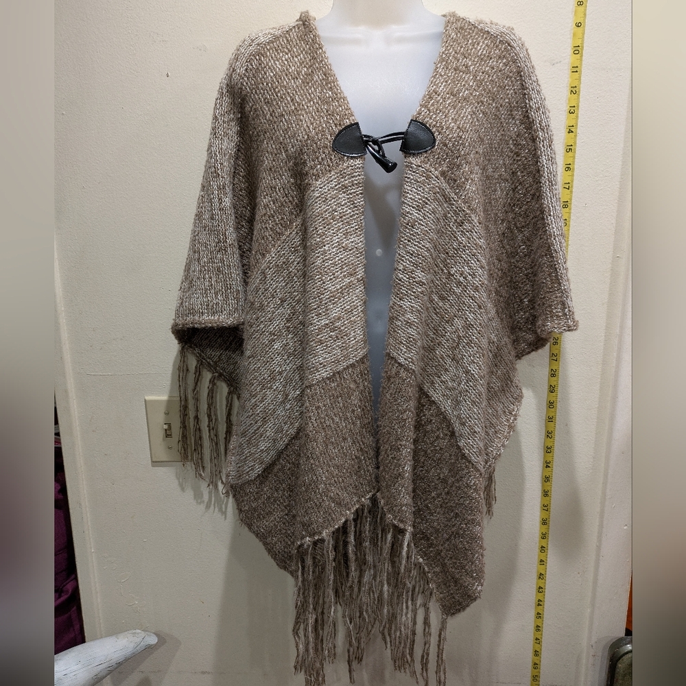 Fringed Knit Poncho with Toggle Closure